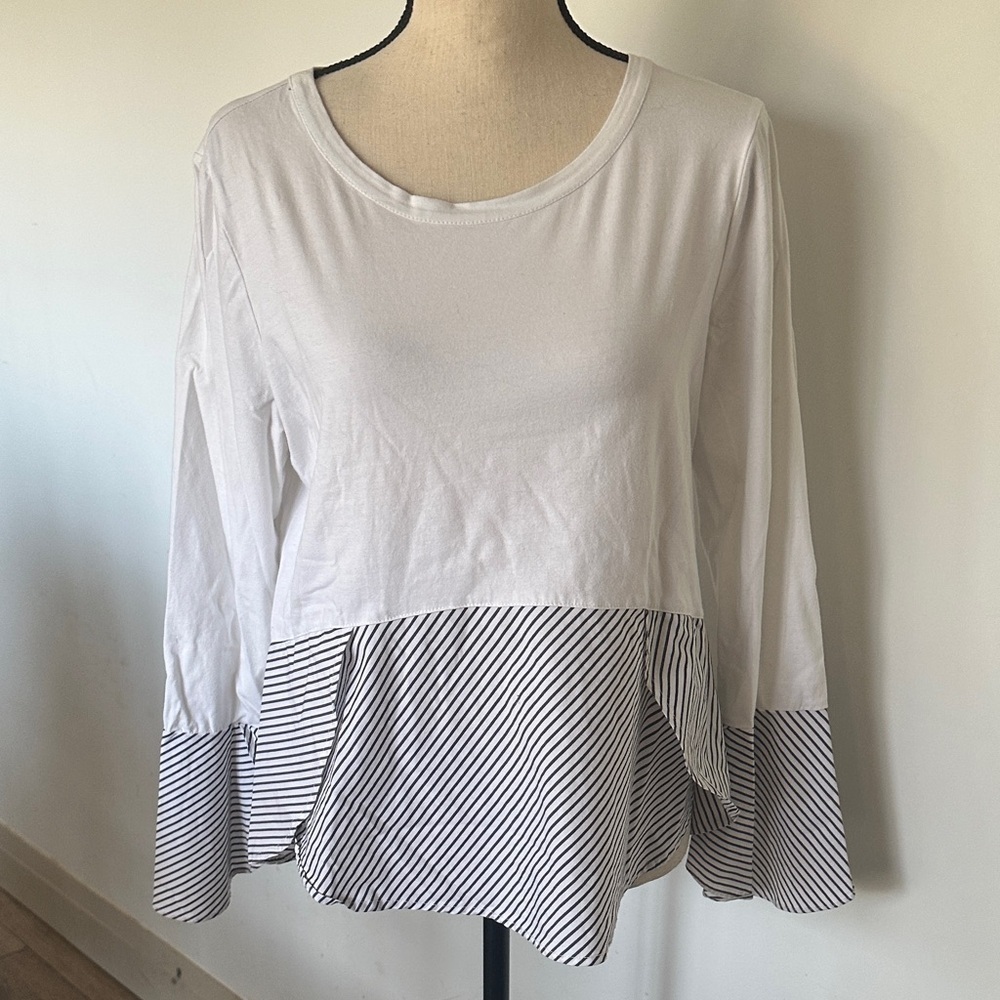 Marled Reunited Clothing White Black Stripe Top Cotton Medium Bell Sleeve Sailor